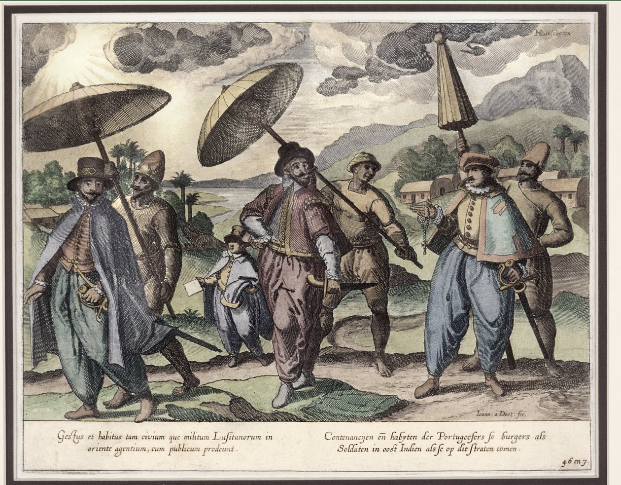 Portugiserne i Goa, illustration fra "Jan Huyghen van Linschoten, His Discourse of Voyages into the East and West Indies", 1579-92 (farvestik) af Johannes Baptista van Doetechum the Younger