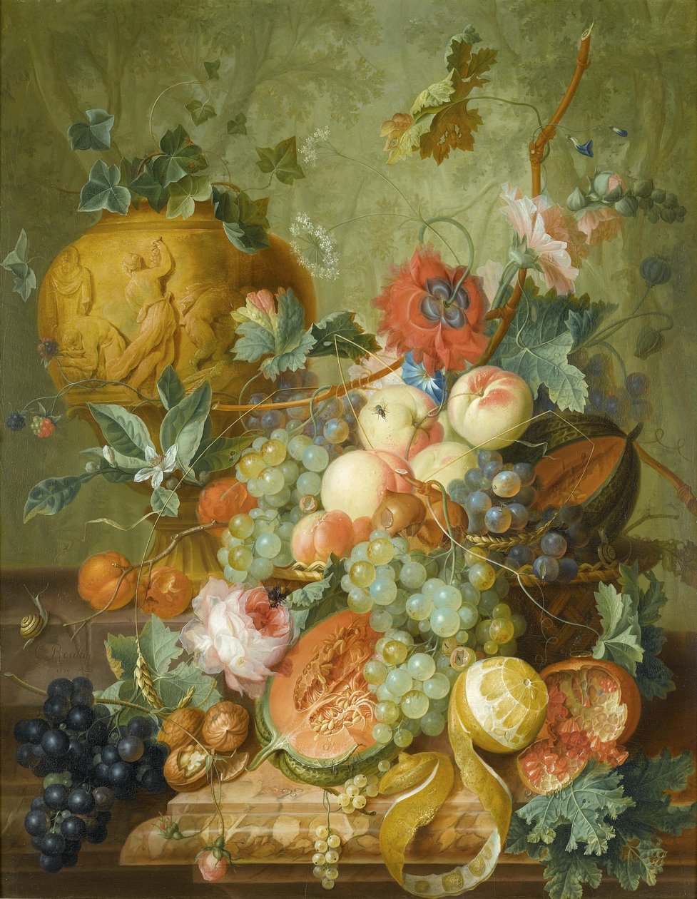 Frugt og blomst stilleben af Johannes Christianus Roedig