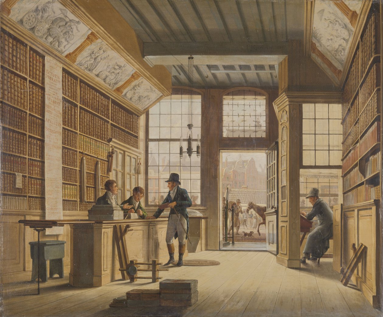 Boghandlerens butik Pieter Meijer Warnars på Vijgendam i Amsterdam, 1820 af Johannes Jelgerhuis