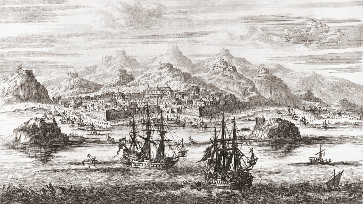 Hollandske skibe foran Muscat, Oman i det 17. århundrede (tryk) af Johannes (after) Kip