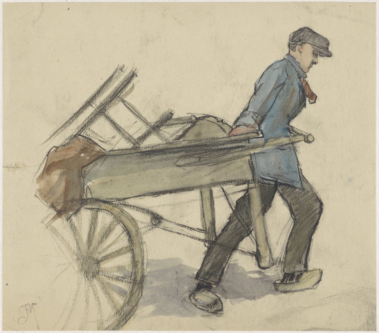 Mand trækker en klapvogn af Johannes Abraham Mondt