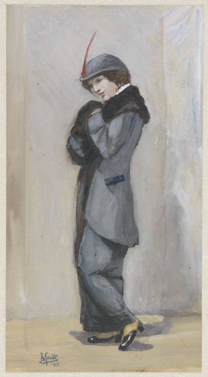 Stående dame i lang frakke med pels af Johannes Abraham Mondt