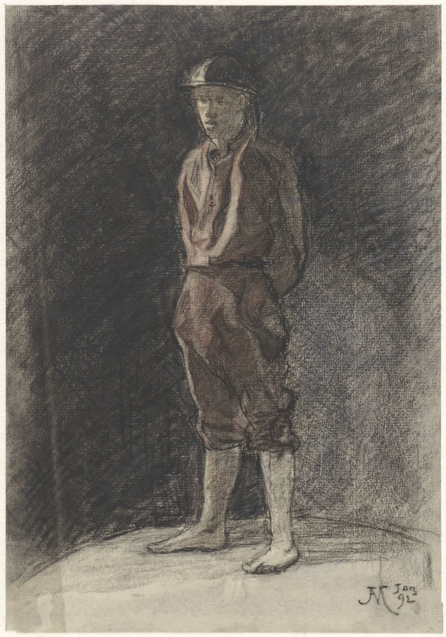Stående mand med hjelm og sammenrullede bogpiber af Johannes Abraham Mondt