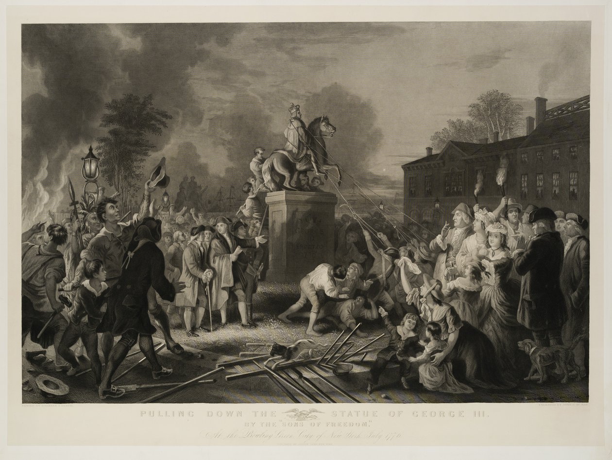Pulling Down the Statue of George III, by the Sons of Freedom, At the Bowling Green, City of New York, juli 1770, indgraveret af John C. McRae, efter 1853 af Johannes Adam Simon Oertel