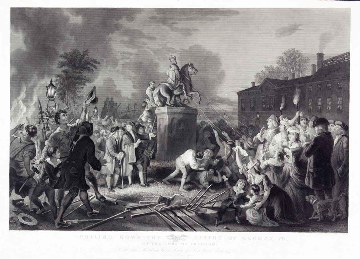 Nedtrækning af statuen af George III af Sons of Freedom, på Bowling Green, City of New York, juli 1776, pub. 1875 af Johannes Adam Simon after Oertel