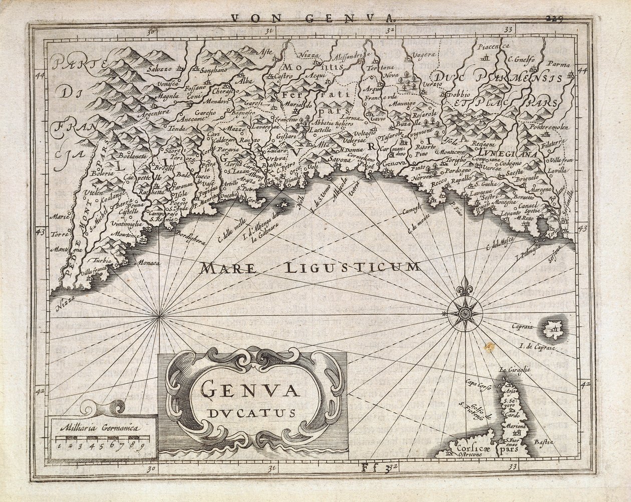 Hertugdømmet Genova, Kort af Jan Baptist Vrients fra tysk atlas, Kobberstik, halvdelen af det 17. århundrede af Johannes Baptista Vrints