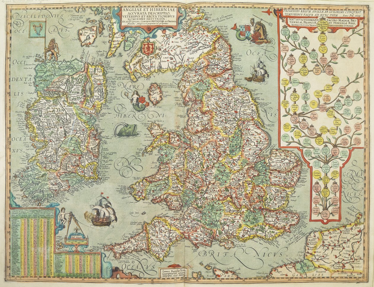 Kort over England og Irland tegnet i 1606 (farvet indgravering) af Johannes Baptista Vrints
