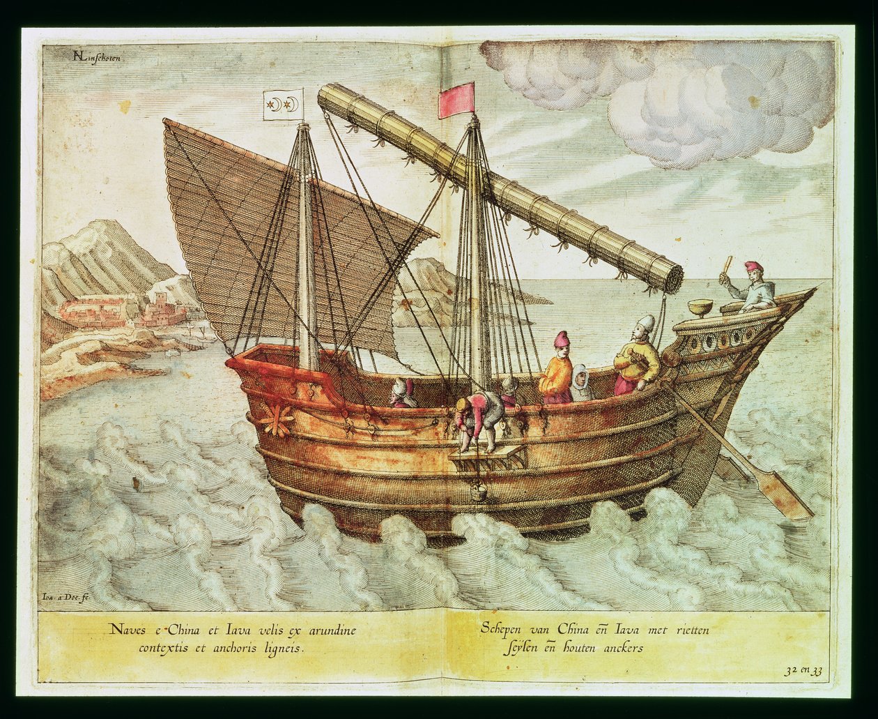 En kinesisk junk, illustration fra "Jan Huyghen van Linschoten, His Discourse of Voyages into the East and West Indies", 1579-92 (gravering) af Johannes Baptista van Doetechum the Younger
