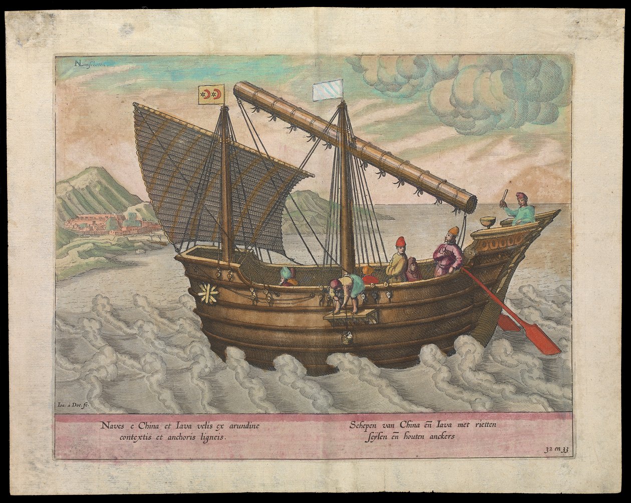 Naves et China et Java (Kinas og Javas sejlskib, 1599), begyndelsen af det 17. århundrede (kobberstik, farvelagt) af Johannes Baptista van the Younger Doetechum