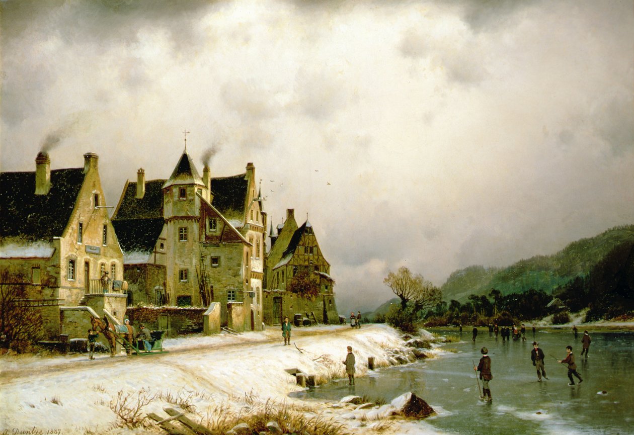 Et vinterflodlandskab med kunstskøjter på isen ved en landsby (olie på lærred) af Johannes Bartolomaus Duntze