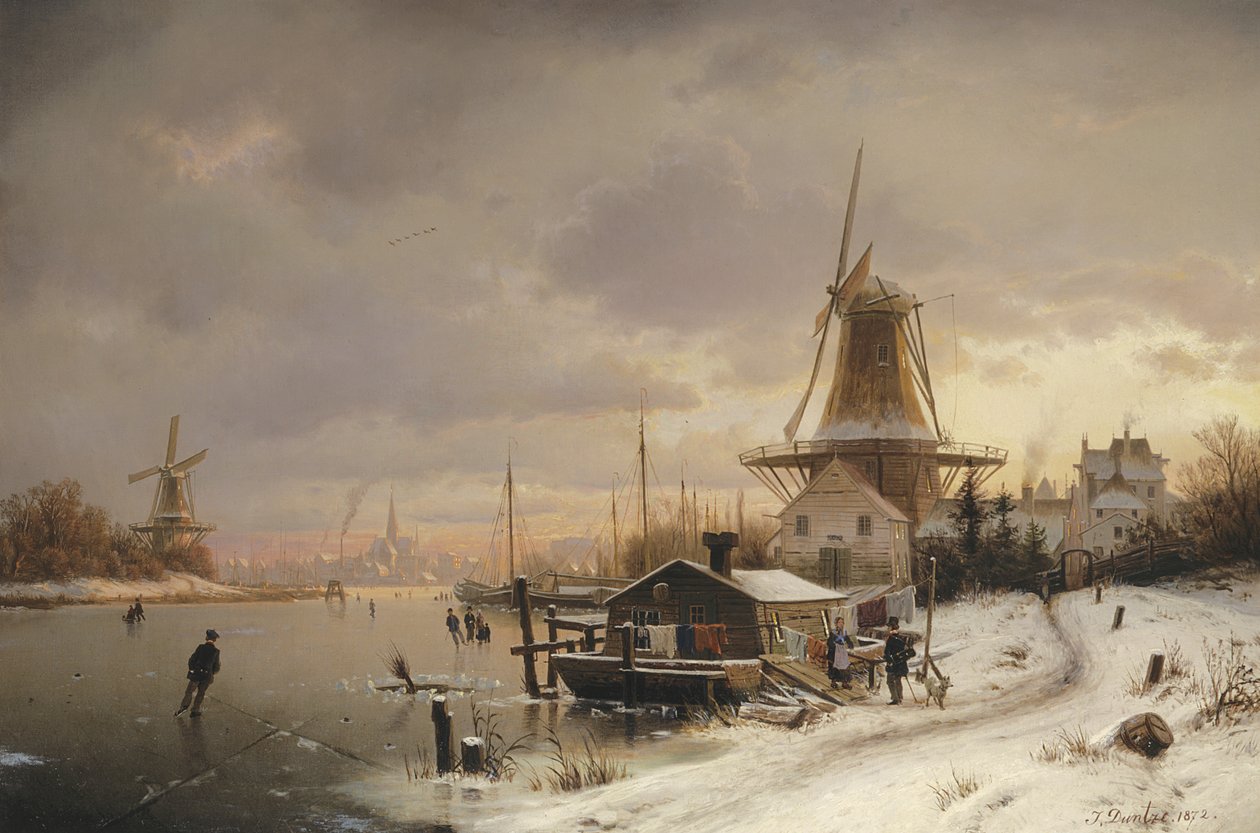 Husbåd på en frossen flod af Johannes Bartolomaus Duntze