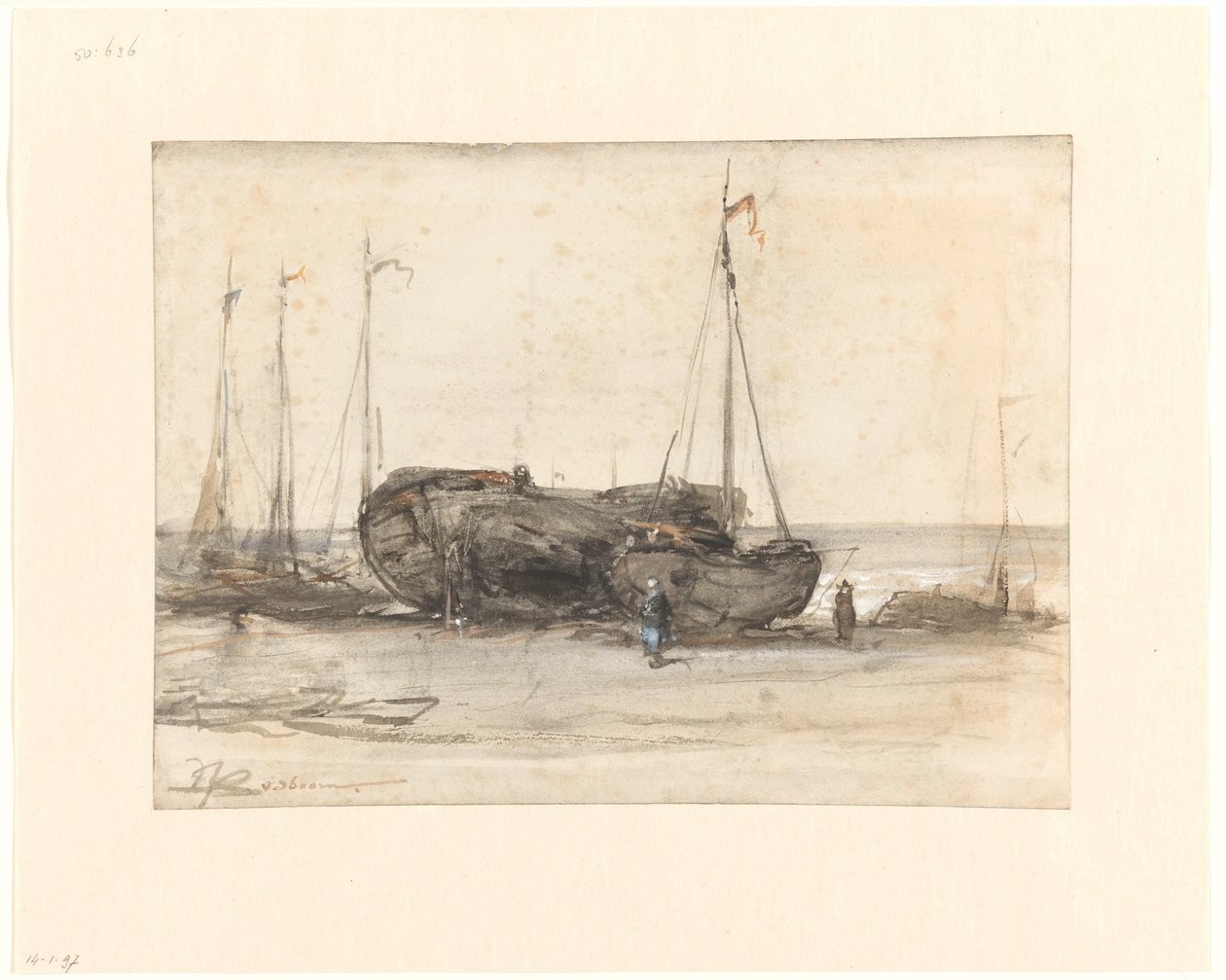 Fiskerbåde på stranden i Scheveningen af Johannes Bosboom
