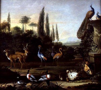 Et parklandskab med hjorte og eksotiske fugle, ca.1710 (olie på lærred) af Johannes Bronckhorst