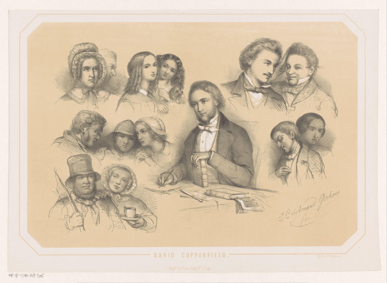Charles Dickens midt i figurer fra David Copperfield af Johannes Christiaan d