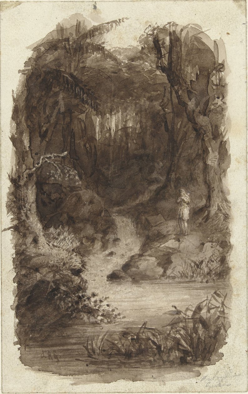 Mand i tropisk skov, stående ved vandet af Johannes Christiaan d