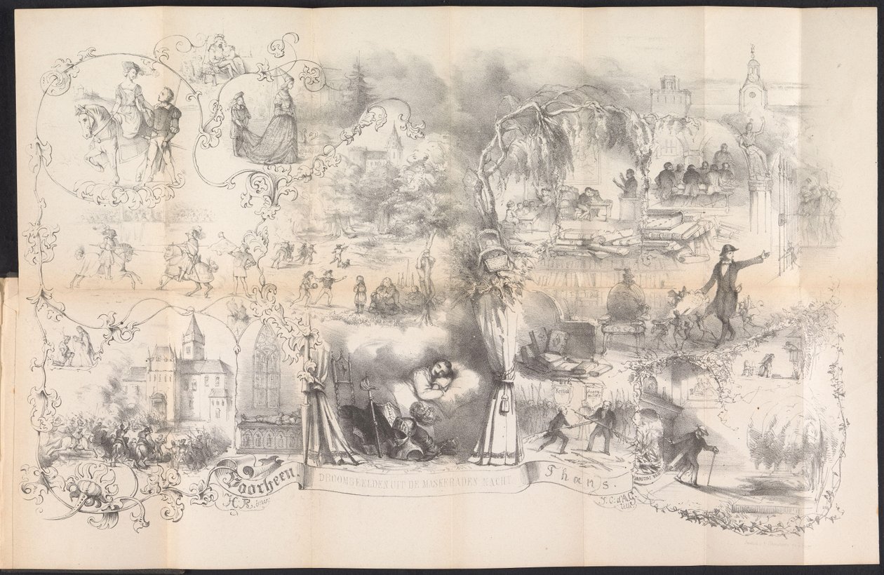 Tegnefilm i Leiden studenteralmanak, 1856 Drømme fra maskeradenatten (titel på objekt) af Johannes Christiaan d