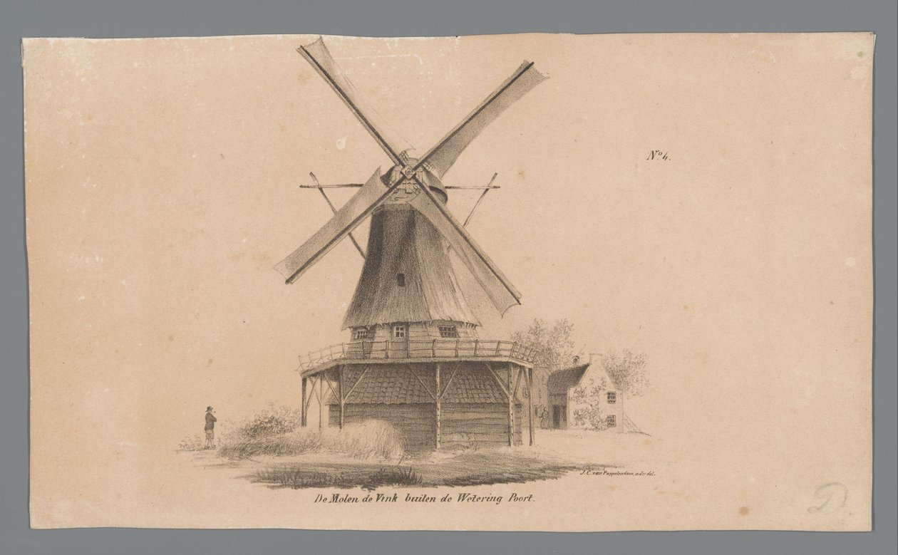 Udsigt over vindmøllen De Vink uden for Weteringpoort Windmill de Vink uden for Wetering Poort (titel på objekt) af Johannes Cornelis van Pappelendam