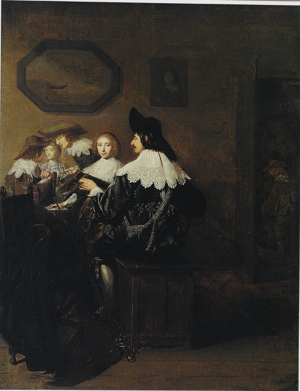 Selskab med en mand, der spiller på lut, siddende ved et bord af Johannes Cornelisz Verspronck