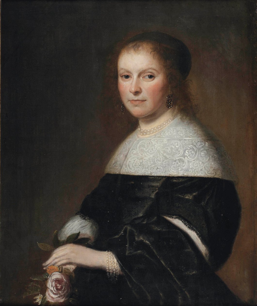 Portræt af en dame, der holder en rose af Johannes Cornelisz Verspronck