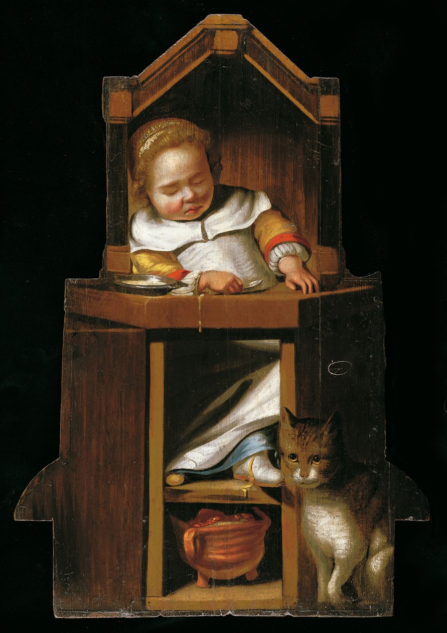 Sovende baby i højstol af Johannes Cornelisz. Verspronck