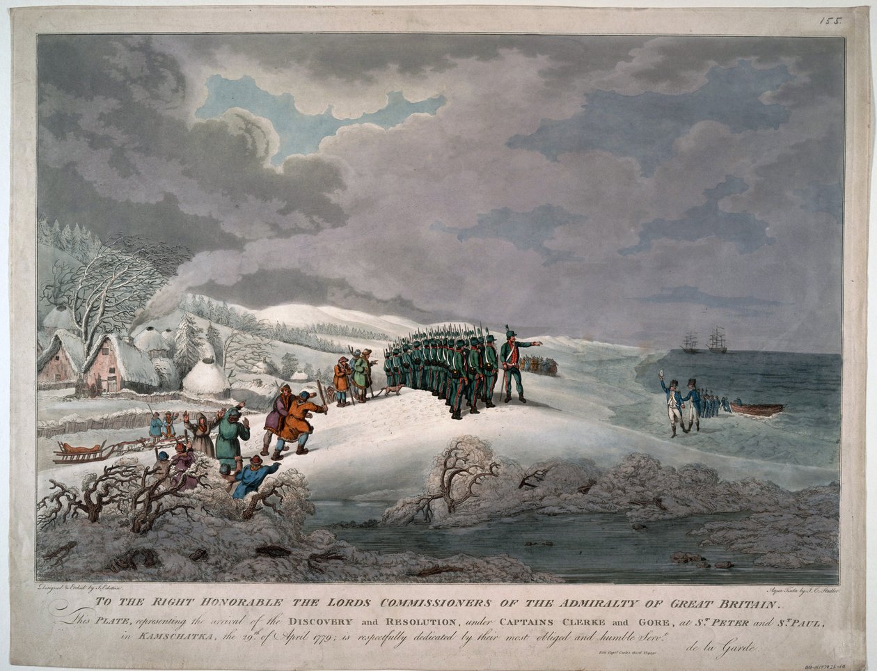 Ankomsten af resolutionen og opdagelsen på østkysten af Kamchatka under kaptajnerne Charles Clerke (1740-1779) og John Gore (mort en 1790) - Eckstein, Johannes (1735-1817) - 1779 - Akvatinte - 51x65,8 - Privat samling af Johannes Eckstein