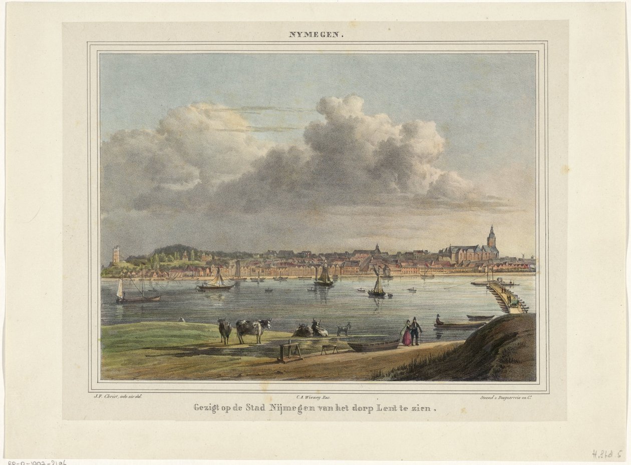 Udsigt over Nijmegen set fra fastelavn Udsigt over byen Nijmegen fra landsbyen Lent skal ses (titel på objekt) Nymegen. (titel på objekt) af Johannes Franciscus Christ