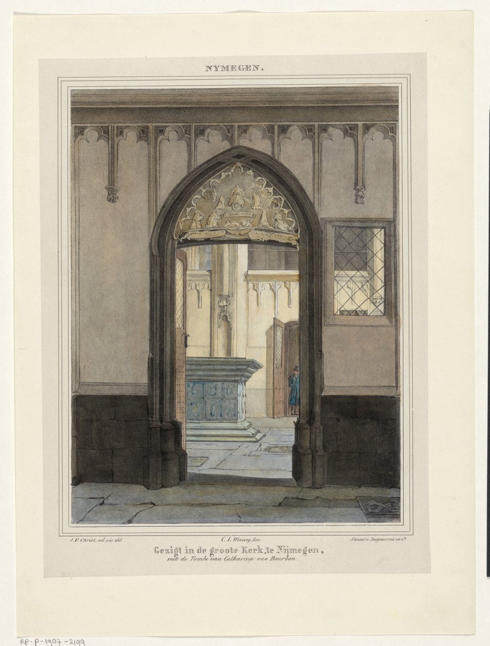 Udsigt over graven i Stevenskerk i Nijmegen Udsigt i Grote Kerk i Nijmegen med Katarina af Bourbons grav. (titel på objekt) Nymegen. (serietitel på objekt) af Johannes Franciscus Christ