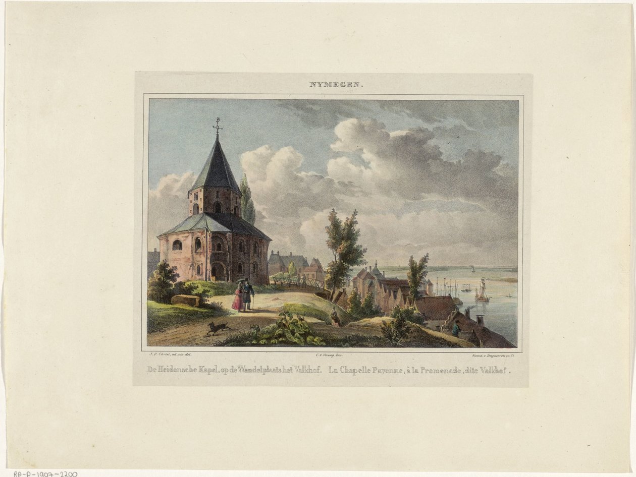 Sankt Nikolaus Kapel i Nijmegen Hedensche Kapel, på vandrepladsen Valkhof. La Chapelle Payenne, à la Promenade, dit Valkhof (titel på objektet) Nymegen. (serietitel på objekt) af Johannes Franciscus Christ