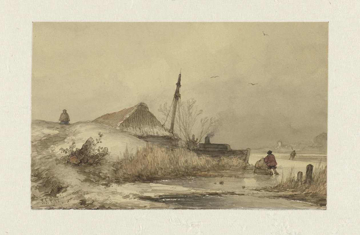 Vinterlandskab med en gård på en grøft af Johannes Franciscus Hoppenbrouwers