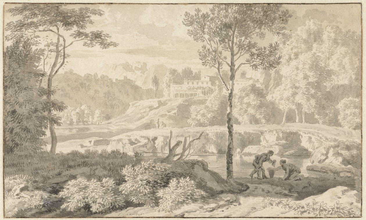 Arkadisk Landskab med Figurer ved en Sø af Johannes Glauber