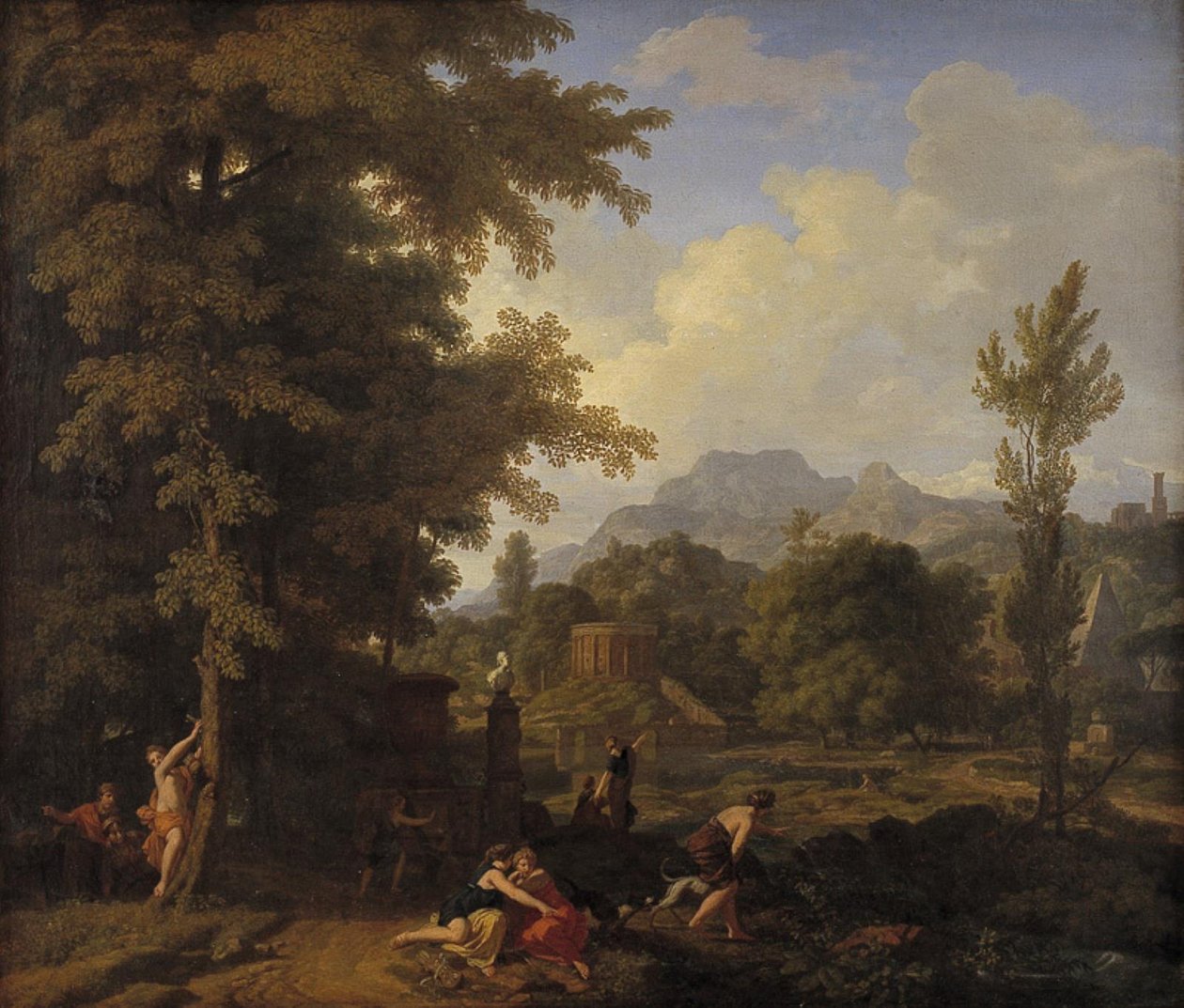 Klassisk Landskab med Diana (?) og hendes nymfer af Johannes Glauber