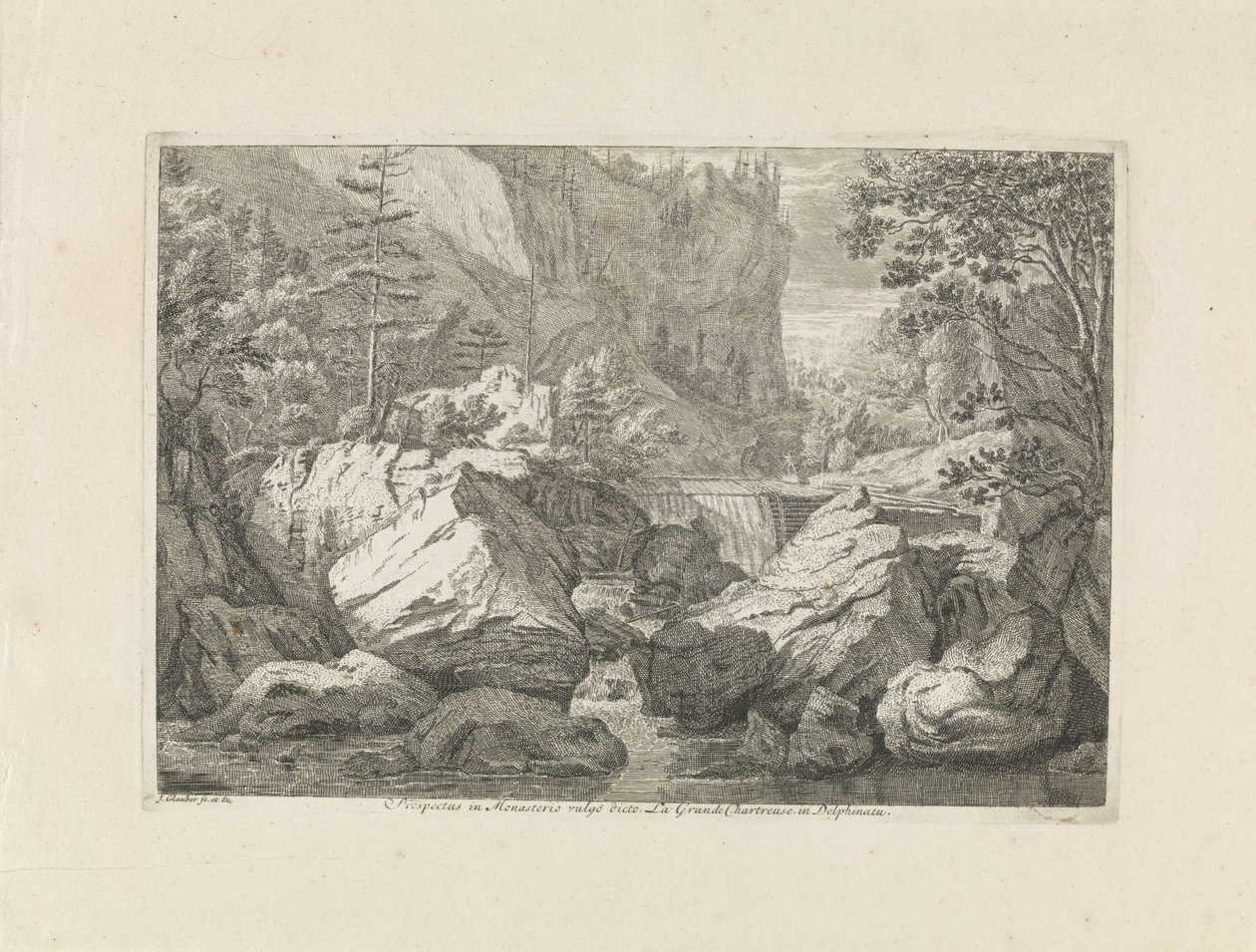 Udsigt over et vandfald Prospekt i Monasterio vulgo dicto La Grande Chartreuse i Delphinatu (titel på objektet) Landskaber i Chartreuzerbjergene (serietitel) af Johannes Glauber