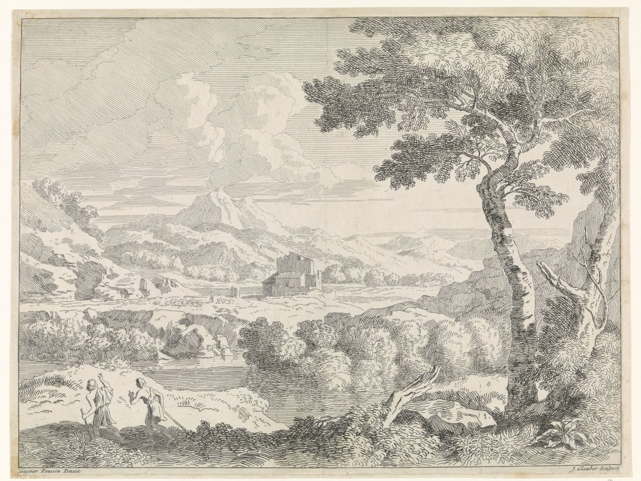 Bakket landskab med hyrder Landskaber efter Gaspar Poussin (serietitel) af Johannes Glauber