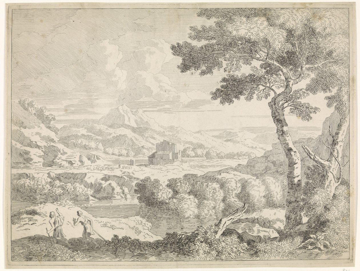 Bakket landskab med hyrder Landskaber efter Gaspar Poussin (serietitel) af Johannes Glauber