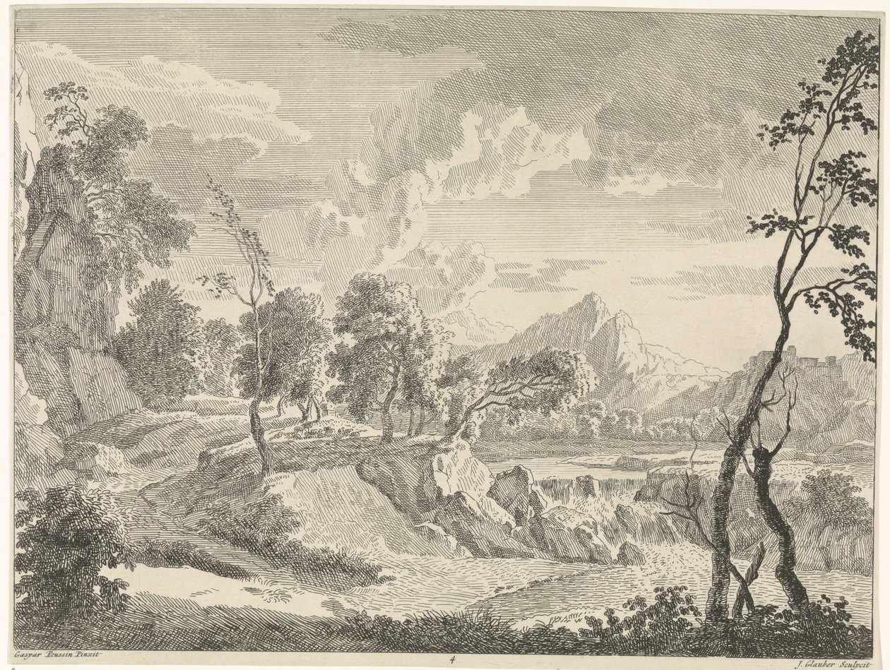 Bakket landskab med vandfald Landskaber efter Gaspar Poussin (serietitel) af Johannes Glauber