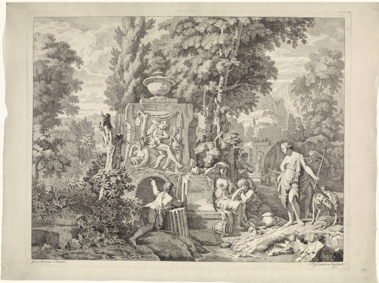 Landskab med en springvand og Diana og hendes nymfer Bibelske, mytologiske og allegoriske fremstillinger (serietitel) af Johannes Glauber
