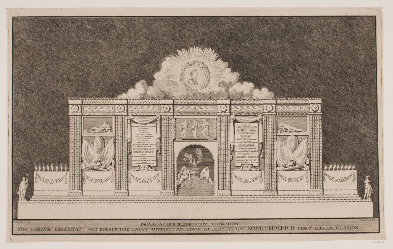 "Facade af den Illuminations Decoration som Banqven i Kiøbenhavn ved Børsen har ladet opreise i Anledning af Høystsalig Kong Friderich den V Liig Procession" af Johannes Gottfred Bradt