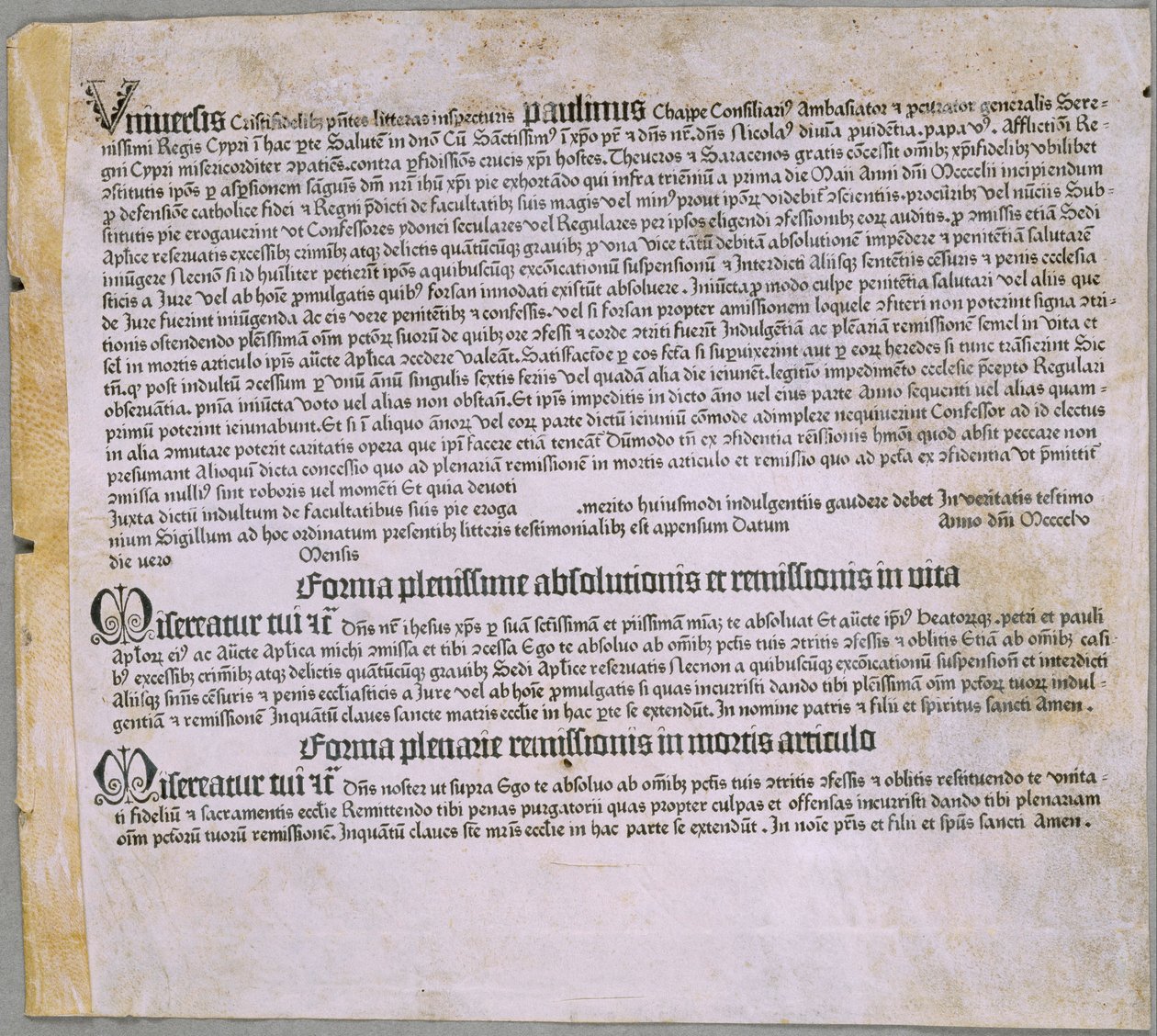Afladelsesbrev (til ekspeditionen mod tyrkerne og forsvaret af Cypern), (Mainz, Johannes Gutenberg, 1455) af Johannes Gutenberg