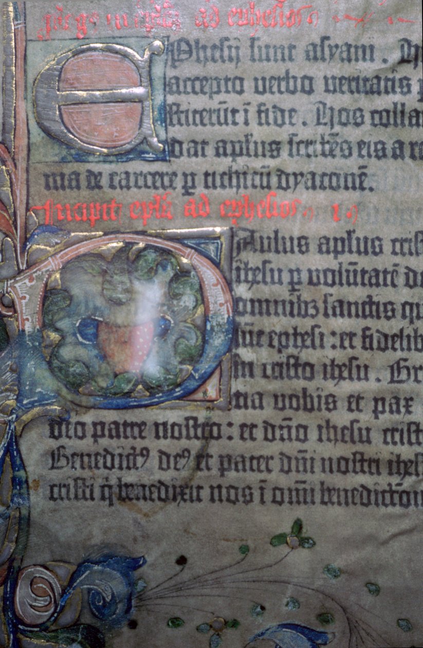 Detalje fra Gutenberg-bibelen fra det femtende århundrede, af åbningen af Efeserbrevet af Johannes Gutenburg