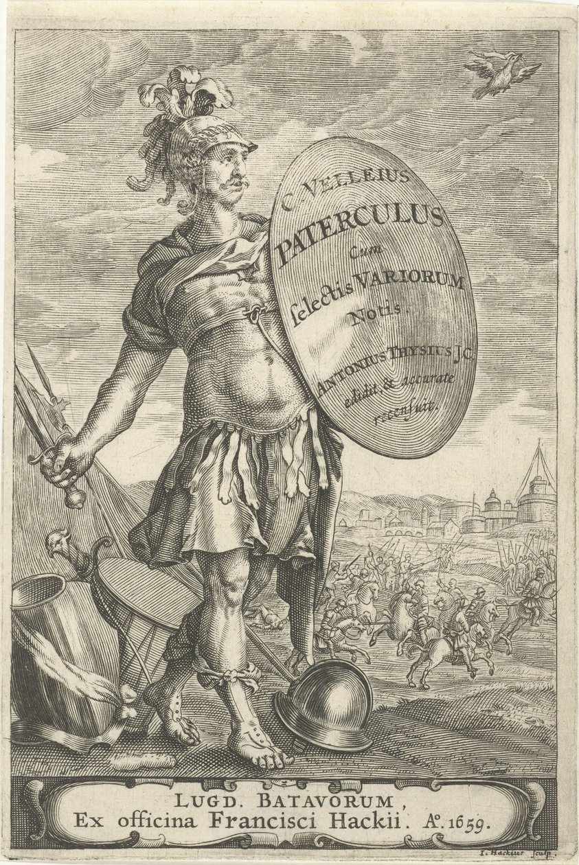 Romeinse krijgsman voor een slagveld Titelside for Caius Velleius Paterculus cum Selectis Variorum Notis, 1659 af Johannes Hackius