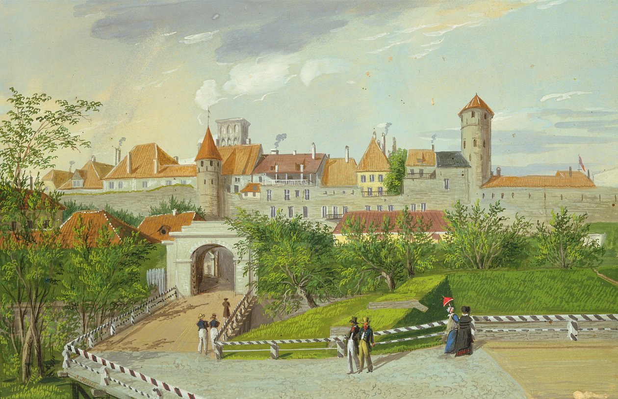 Udsigt over den lille kystport med Hattorpe og Stolting Towers, Tallinn, gouache på pap) af Johannes Hau