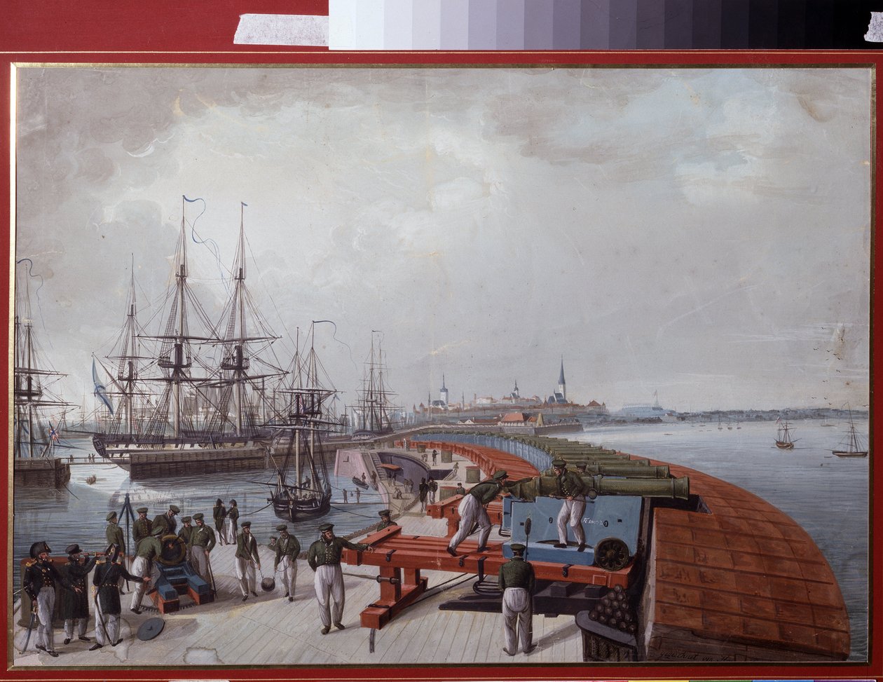 Udsigt over Reval (nuværende Tallinn (Tallin), i Estland), havnen og artilleriet ved den russiske kyst (Udsigt over Reval, Havnen og det russiske kystartilleri). Værk af Johannes Hau (1771-1838), akvarel på papir af Johannes Hau
