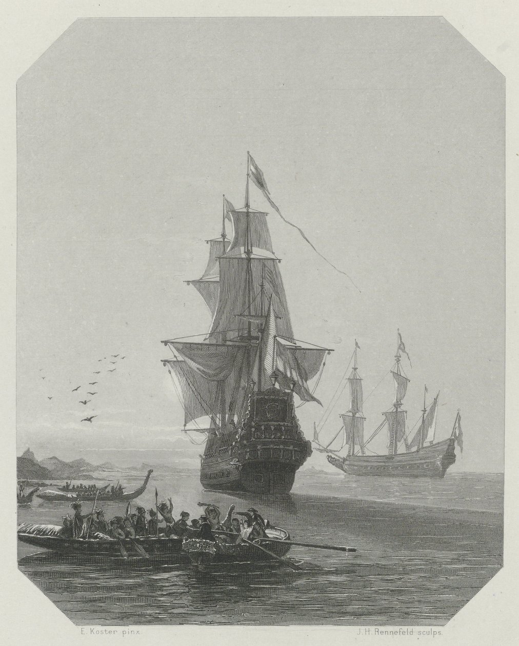 Abel Tasmans ankomst til New Zealand, 1642-1643, ca 1865 af Johannes Heinrich Maria Hubert Rennefeld