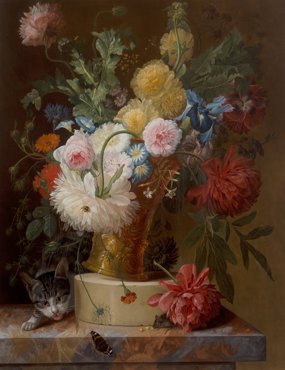 Stilleben Af Blomster På En Afsats Med En Kat af Johannes Hendrick Fredriks