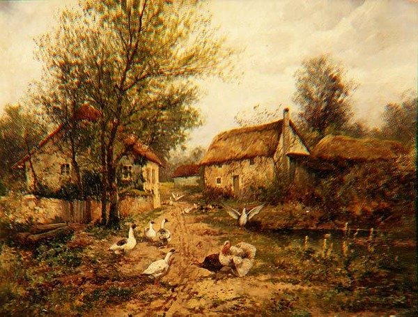 Fjerkræ ved en dam i en gård af Johannes Hendrik Weissenbruch