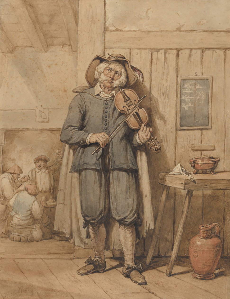 A Fiddler in a Tavern, with Three Men in the Background, midten af det 19. århundrede. af Johannes Hendrik van West
