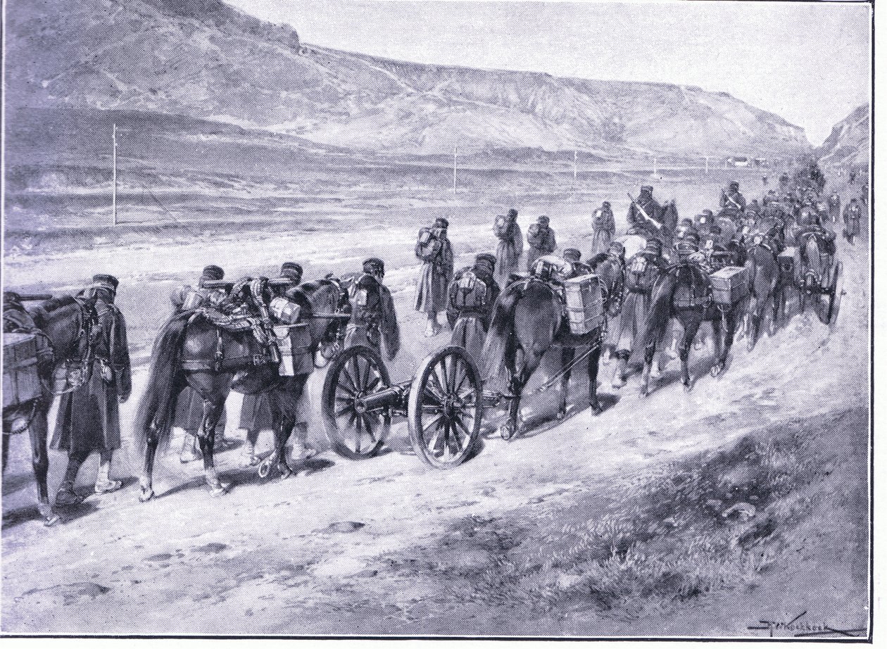 Et batteri af feltkanoner på vej til Ichon, illustration fra Cassells History of the Russo-Japanese War Vol 1, ca. 1900 af Johannes Hermann Barend Koekkoek