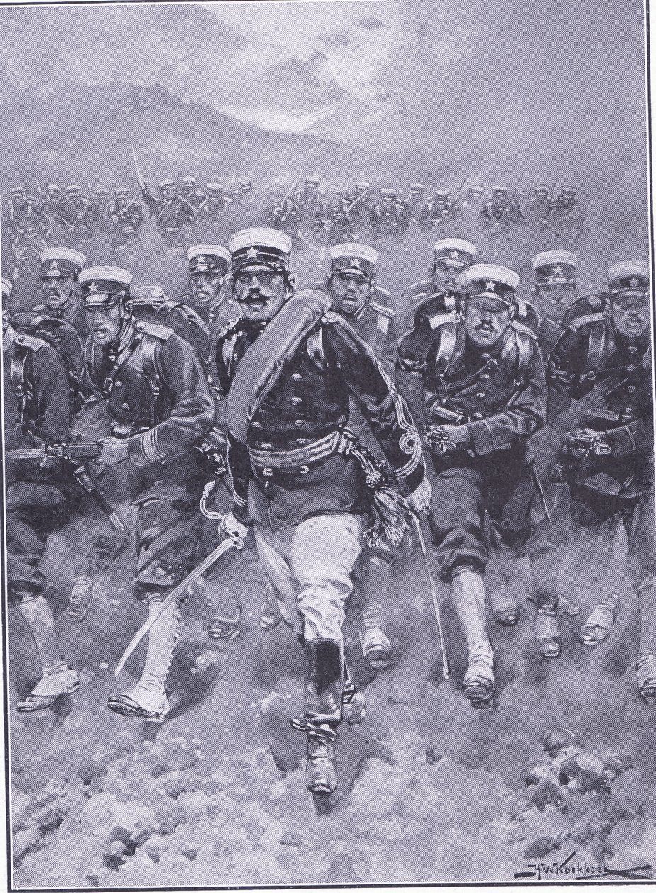 Et angreb på det japanske infanteri, illustration fra Cassells History of the Russo-Japanese War Vol 1, ca. 1900 af Johannes Hermann Barend Koekkoek