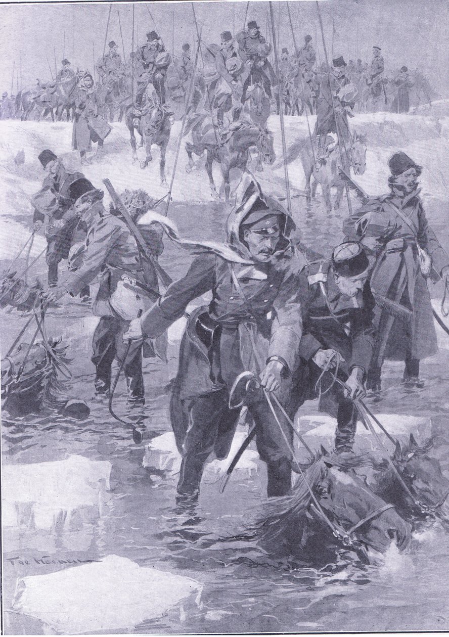 En bedrift af hestekunst. Russisk kavaleri krydser en flod, illustration fra Cassells History of the Russo-Japanese War Vol 1, ca. 1900 af Johannes Hermann Barend Koekkoek
