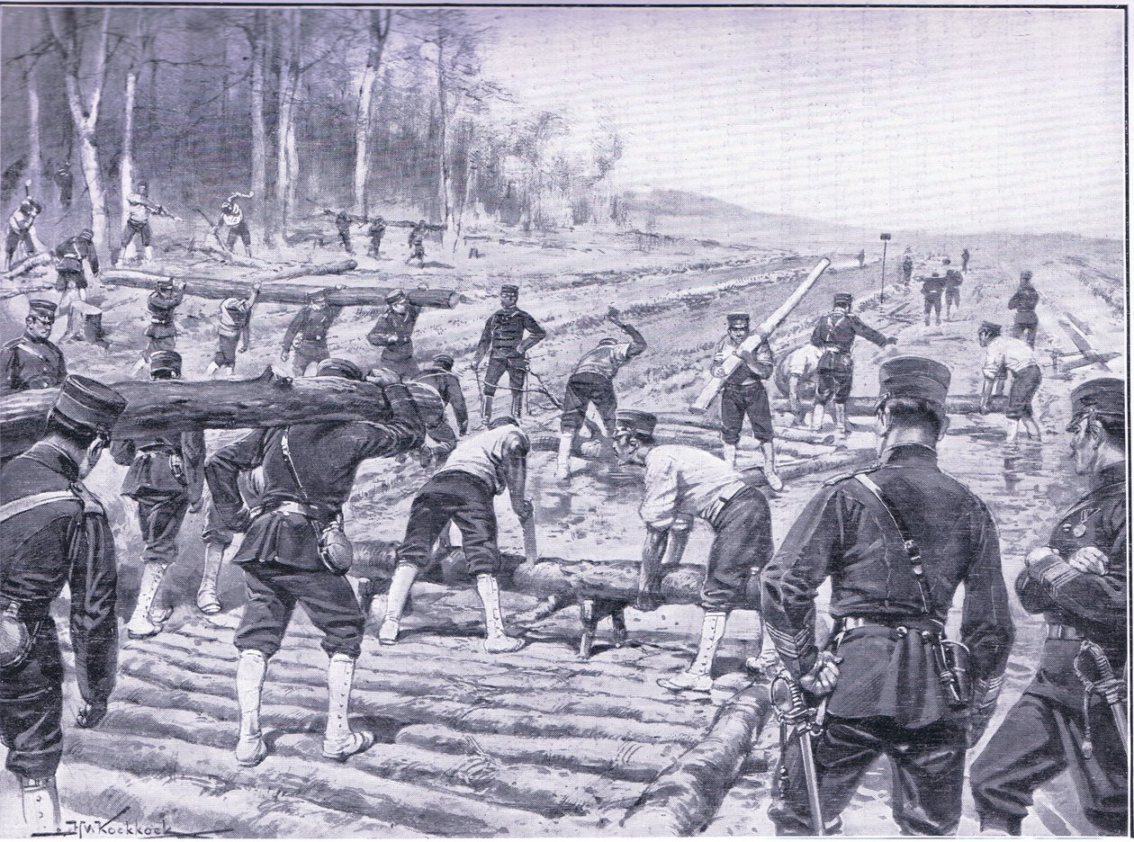 Japanske ingeniører anlægger en tømmervej til tropper, illustration fra Cassells History of the Russo-Japanese War Vol 1, ca. 1900 af Johannes Hermann Barend Koekkoek